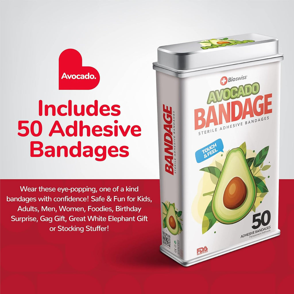 BioSwiss Bandages, Avocado Shaped Self Adhesive Bandages, Latex Free Sterile Wound Care, Fun First Aid Kit Supplies for Kids, 50