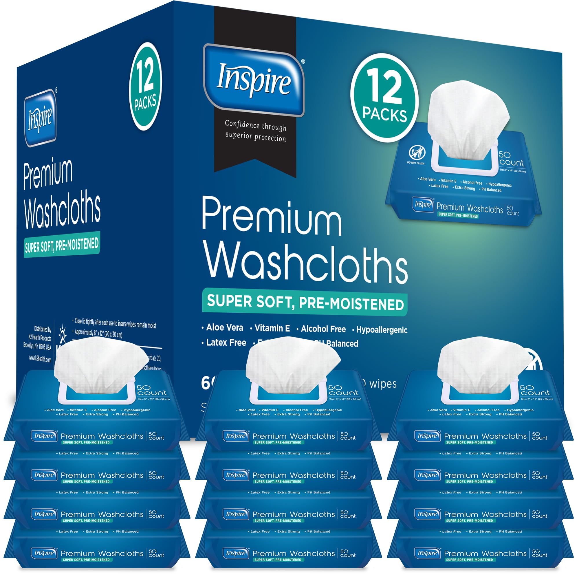 Inspire Adult Wet Wipes Adult Wash Cloths, Adult Wipes for Incontinence & Cleansing, 8x12 600 Count 12 packs of 50