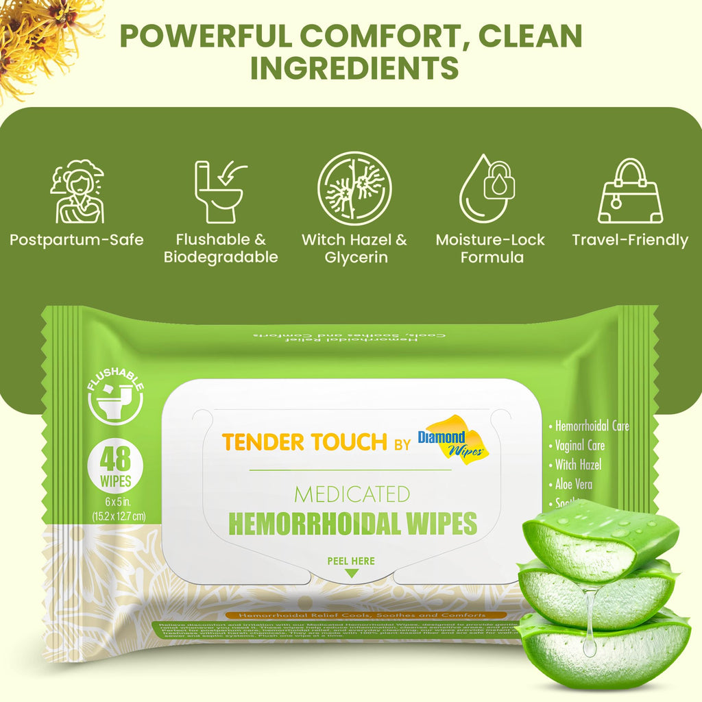 Tender Touch Hemorrhoid Wipes with Witch Hazel and Aloe, Flushable Medicated Wipes for Hemorrhoid and Vaginal Relief - Postpartu