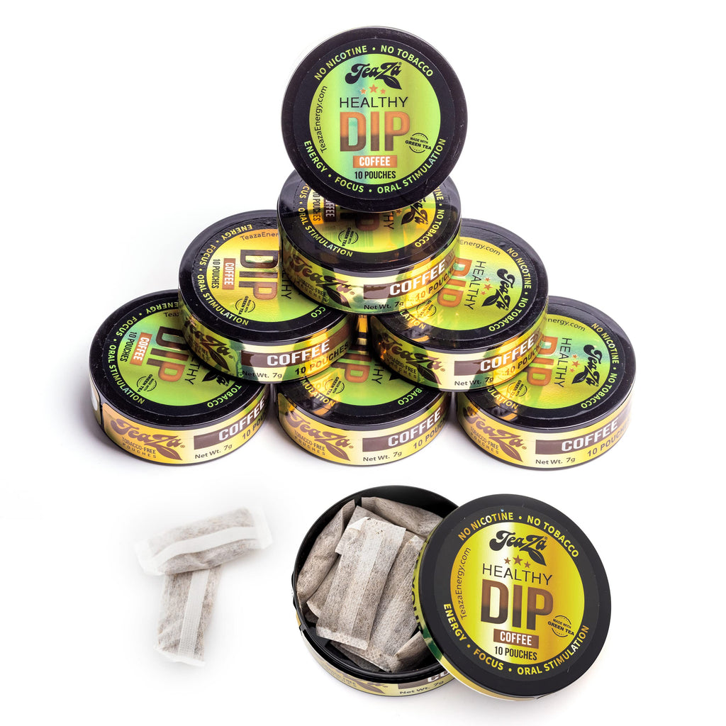 TeaZA Herbal Dip Coffee Pouches -Nicotine Free, Tobacco Free - Made with Green Tea Caffeine Energy Pouches (8 Pack)