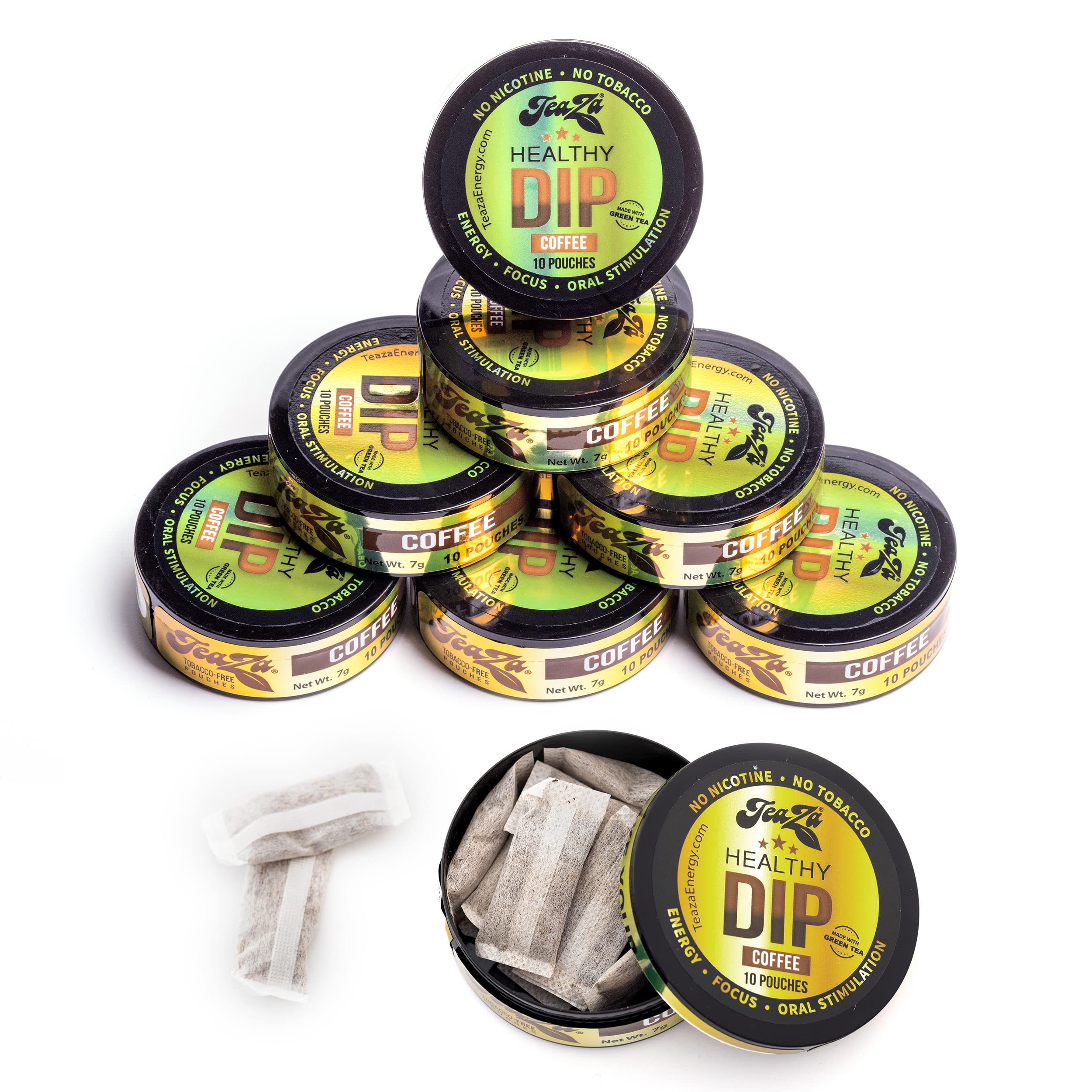 TeaZA Herbal Dip Coffee Pouches -Nicotine Free, Tobacco Free - Made with Green Tea Caffeine Energy Pouches (8 Pack)