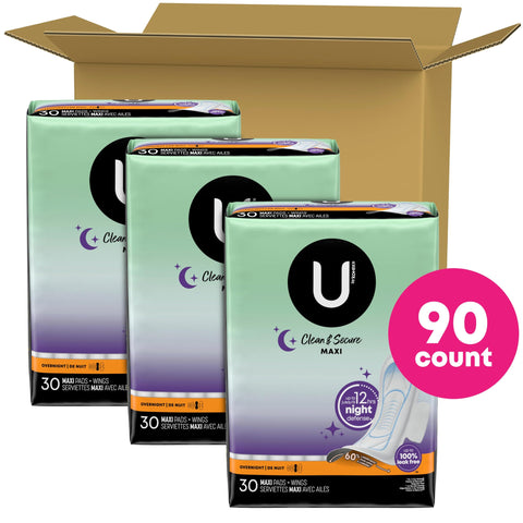 U by Kotex Clean & Secure Overnight Maxi Pads with Wings, 90 Count (3 Packs of 30) (Packaging May Vary)