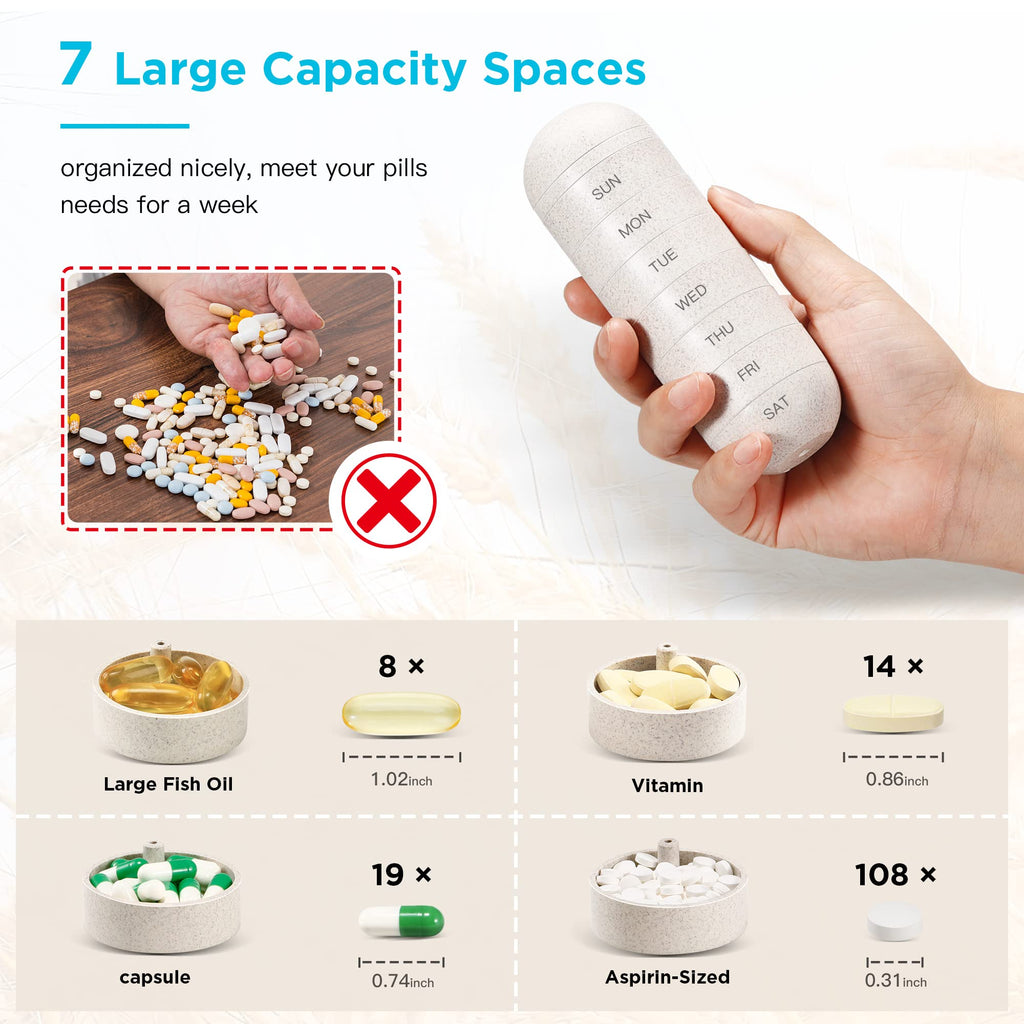Zannaki 2 in 1 Pill Organizer with Cutter,Grain Fiber Weekly Pill Case Large Compartment Moisture Proof,Magnetic Lock,BPA Free T