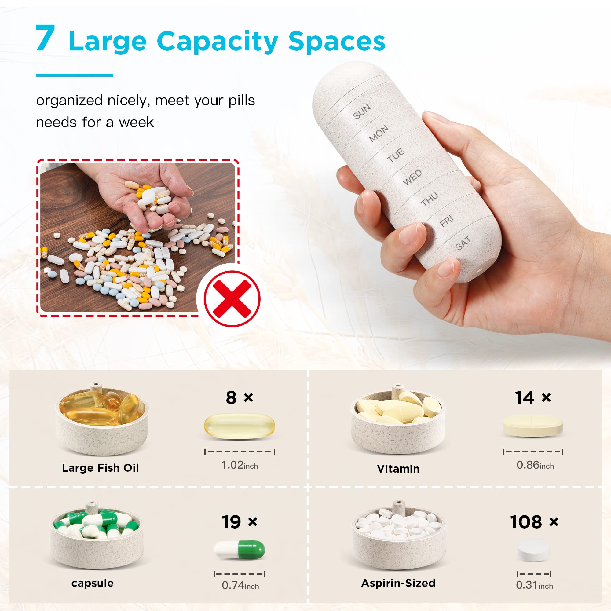Zannaki 2 in 1 Pill Organizer with Cutter,Grain Fiber Weekly Pill Case Large Compartment Moisture Proof,Magnetic Lock,BPA Free T