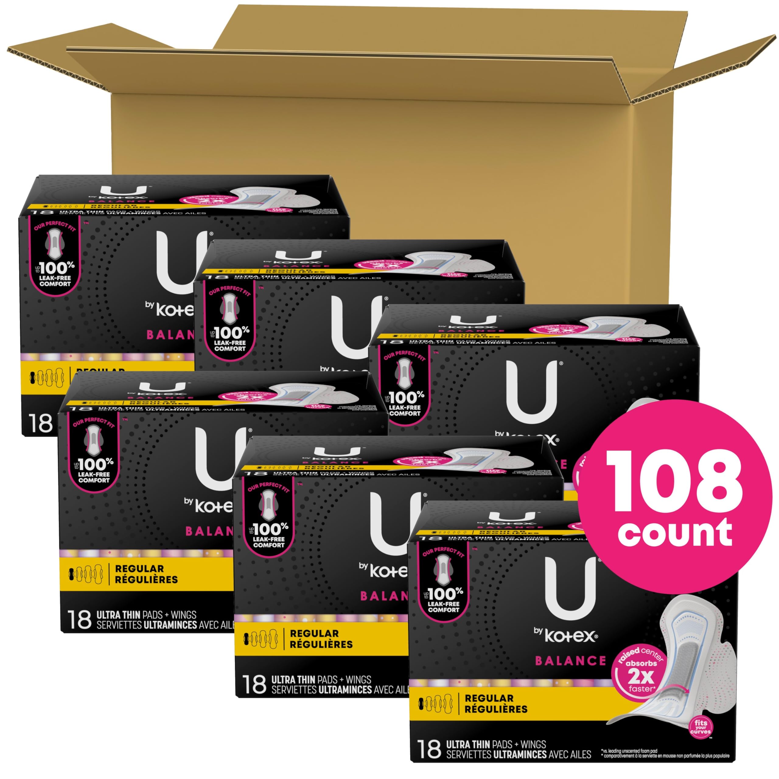 U by Kotex Balance Ultra Thin Overnight Pads with Wings, Extra Heavy Absorbency, 108 Count (6 packs of 18) (Packaging May Vary)