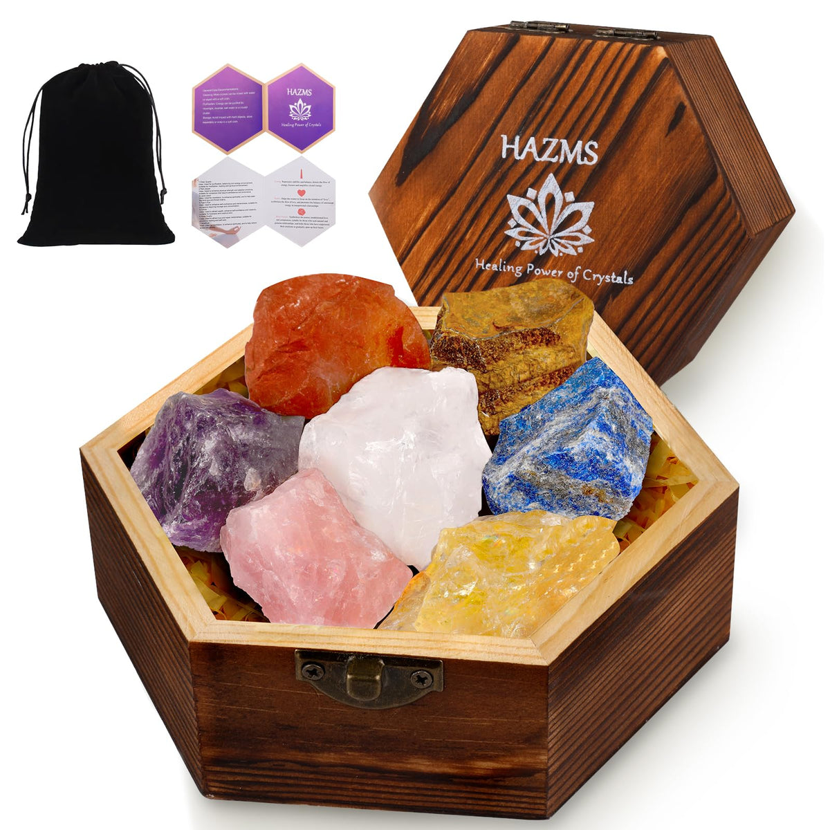 Hazms 7pcs Crystals and Healing Stones with Wooden Gift Box, Raw Healing Crystals and Chakra Stones Set, Rose Quartz, Amethyst, 