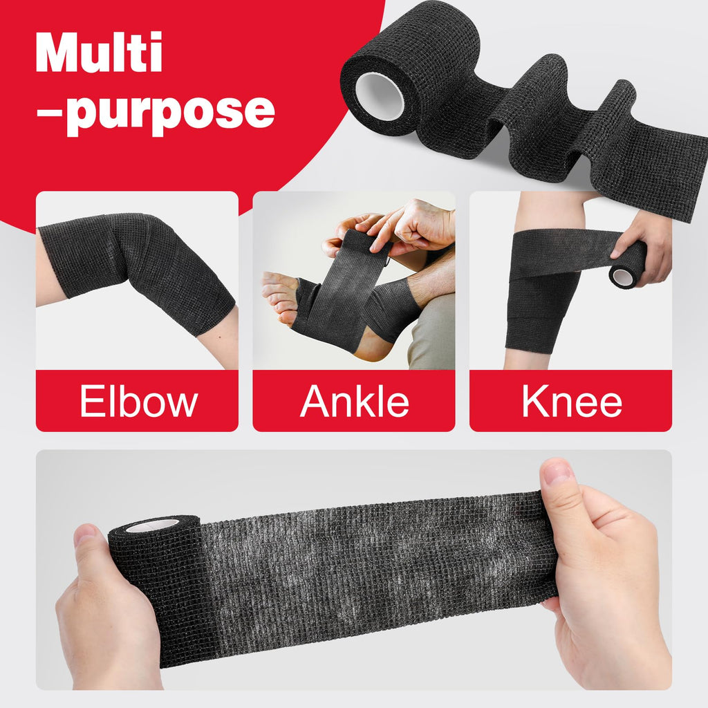 AZEN 12 Pack Black Self Adhesive Bandage Wrap, 3 X 5 Yards Elastic Cohesive Bandage Wrap, Vet Wrap, Ankle Tape, Tattoo Grip Tape