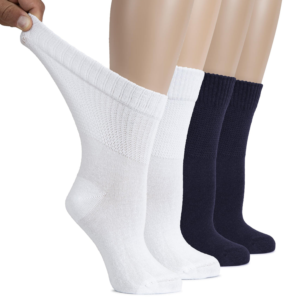 Hugh Ugoli Women's Cotton Diabetic Crew Socks, Wide, Thin, Loose and Stretchy, Seamless Toe & Non-Binding Top, 4 Pairs, White/Na