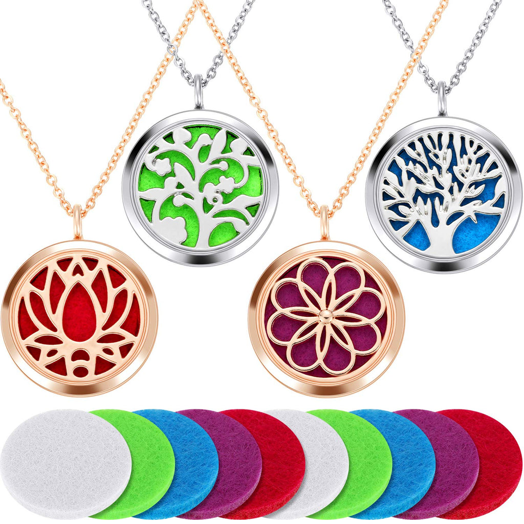 Hicarer 4 Pieces Essential Oil Necklace Diffuser Oil Pendant Locket Aromatherapy Pendant Perfume Oil Jewelry Necklace with 14 Re