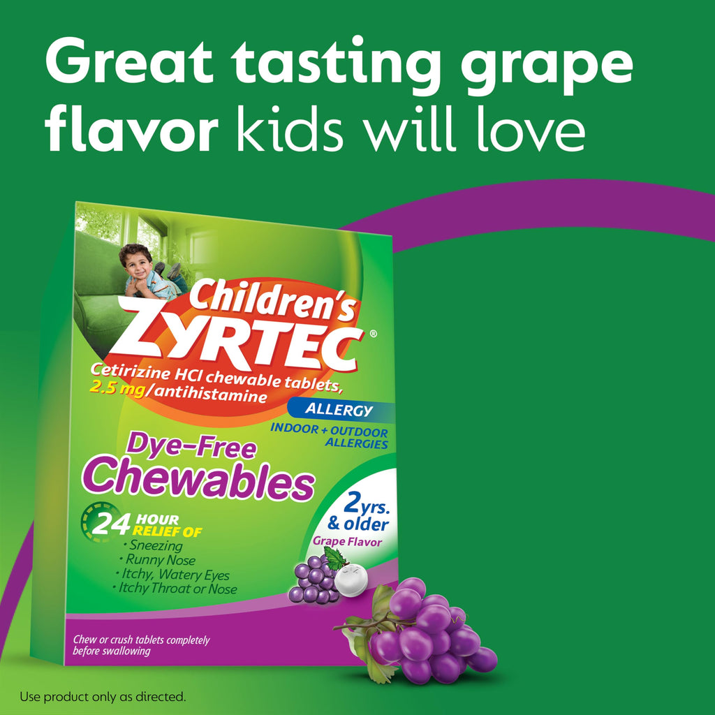 Zyrtec Childrens Dye-Free Chewables for 24 Hour Allergy Relief, 2.5 mg Cetirizine HCl Antihistamine Tablets, Kids Allergy Medic