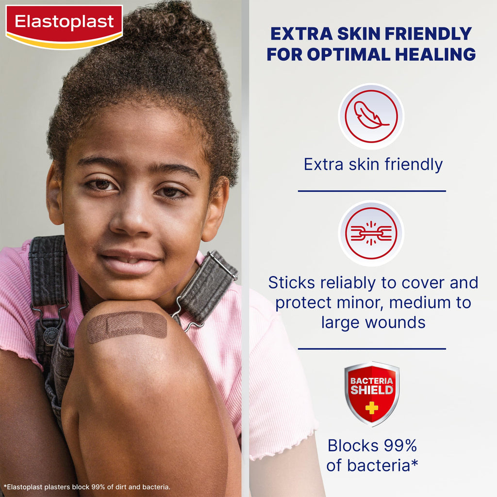 Elastoplast Sensitive Hypoallergenic Dark Skin Tone Plasters (20 Pieces), Painless Removal, Breathable Fabric, 19g, Large, 1 Cou