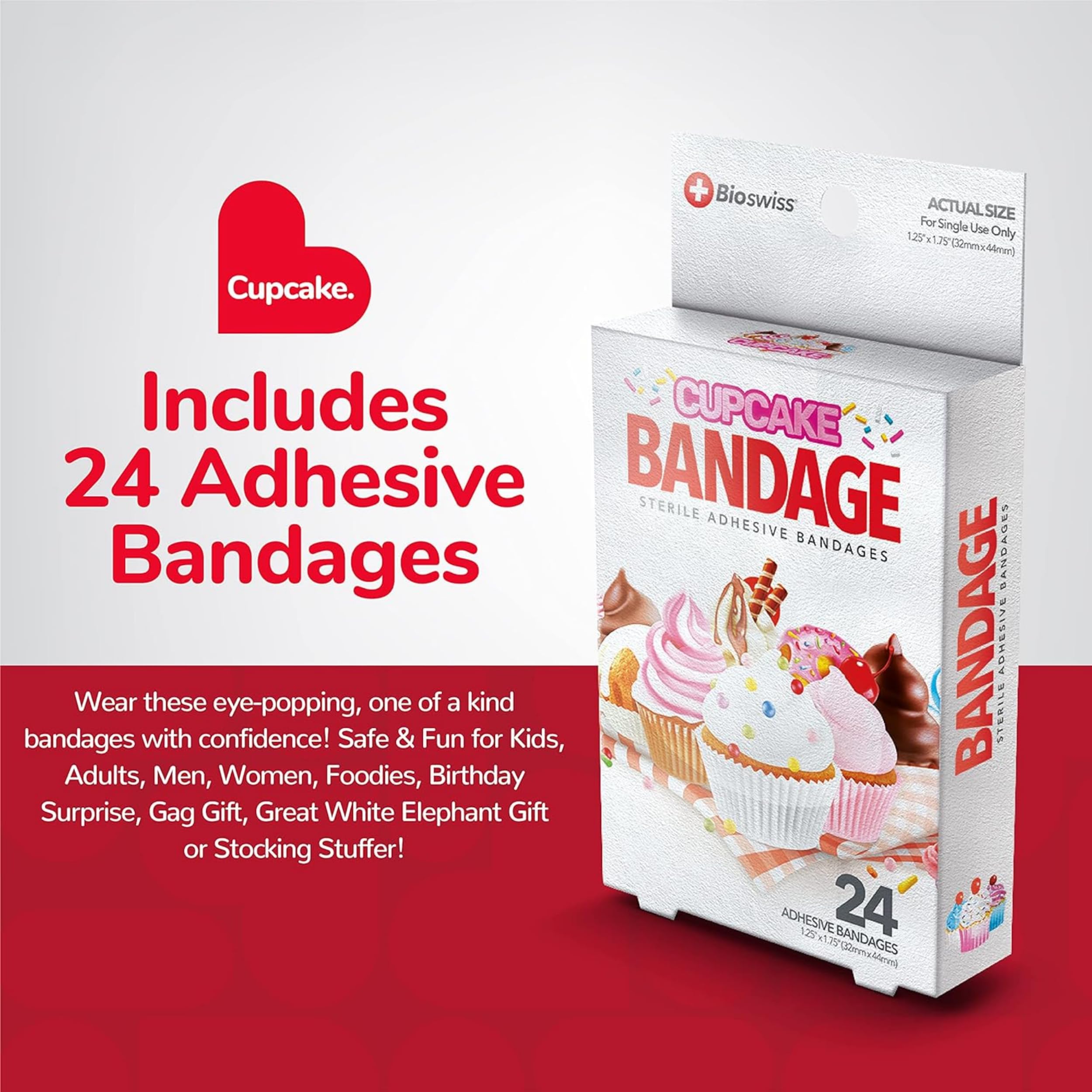 BioSwiss Bandages, Cupcake Shaped Self Adhesive Bandage, Latex Free Sterile Wound Care, Fun First Aid Kit Supplies for Kids, 24