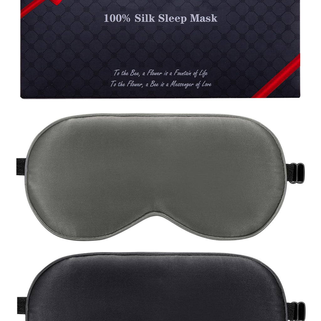 BeeVines Sleep Mask, 2 Pack 100% Real Natural Silk Eye Masks with Adjustable Strap for Sleeping, Mulberry Silk Eye Shade Cover, 