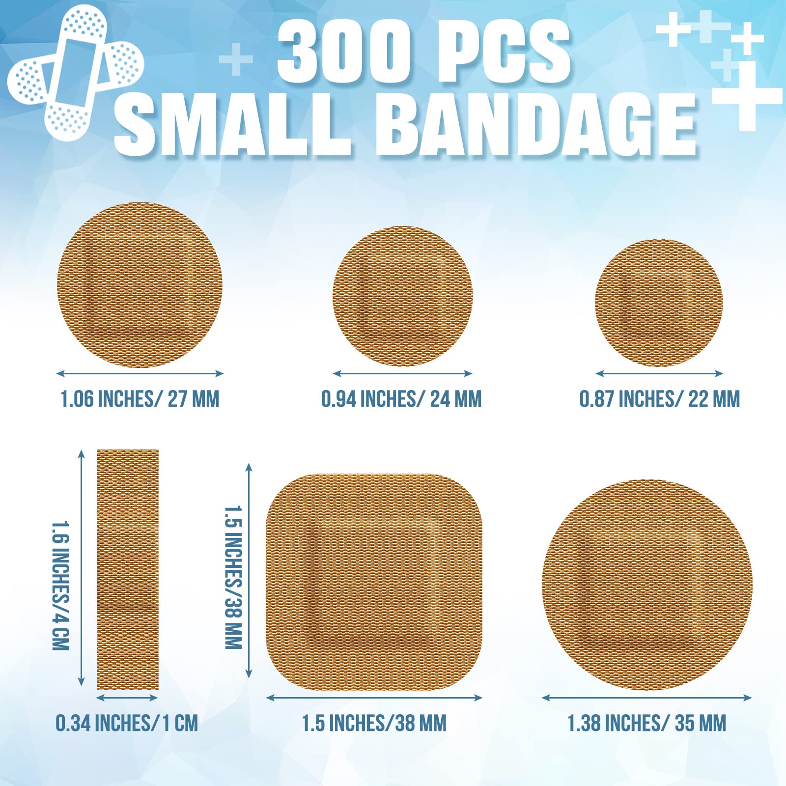 Weewooday 300 Pcs Small Bandages - Bulk Nose Bandages, Fabric, Adhesive, Flexible, Breathable - 0.34 x 1.6, 0.87, 0.94, 1.06, 1.