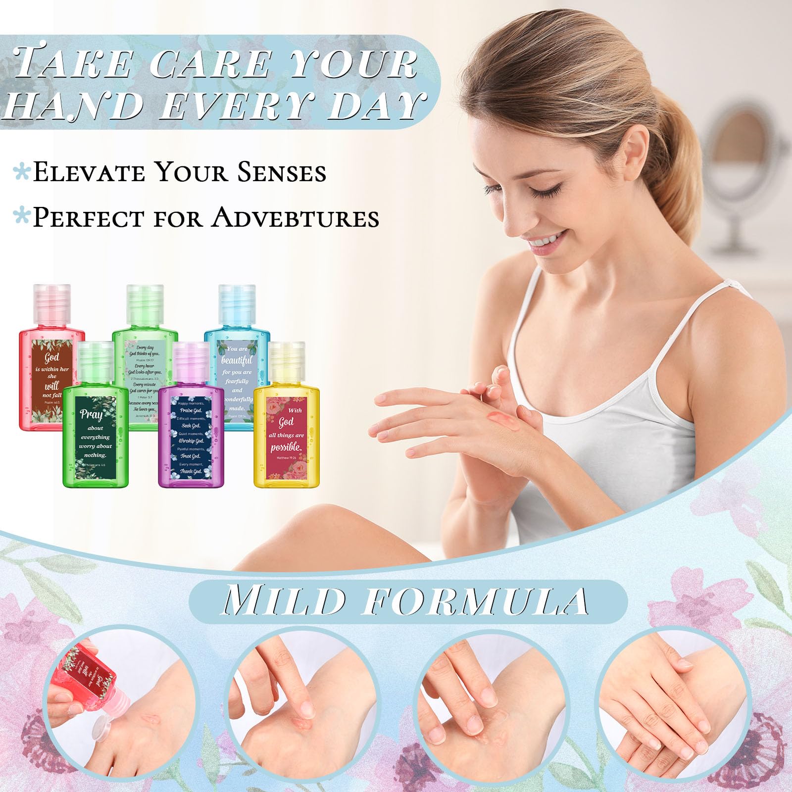 Gejoy 48 Pack Vintage Christian Hand Sanitizer Bulk Bible Verse Mini Hand Sanitizer Travel Size Christian Gift for Women Bible R