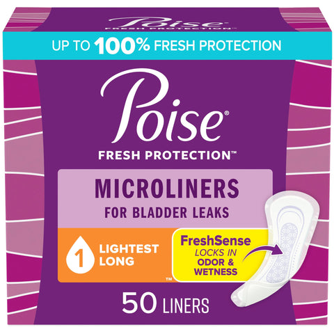 Poise Daily Microliners, Incontinence Panty Liners, 1 Drop Lightest Absorbency, Long Length, 50 Count of Pantiliners