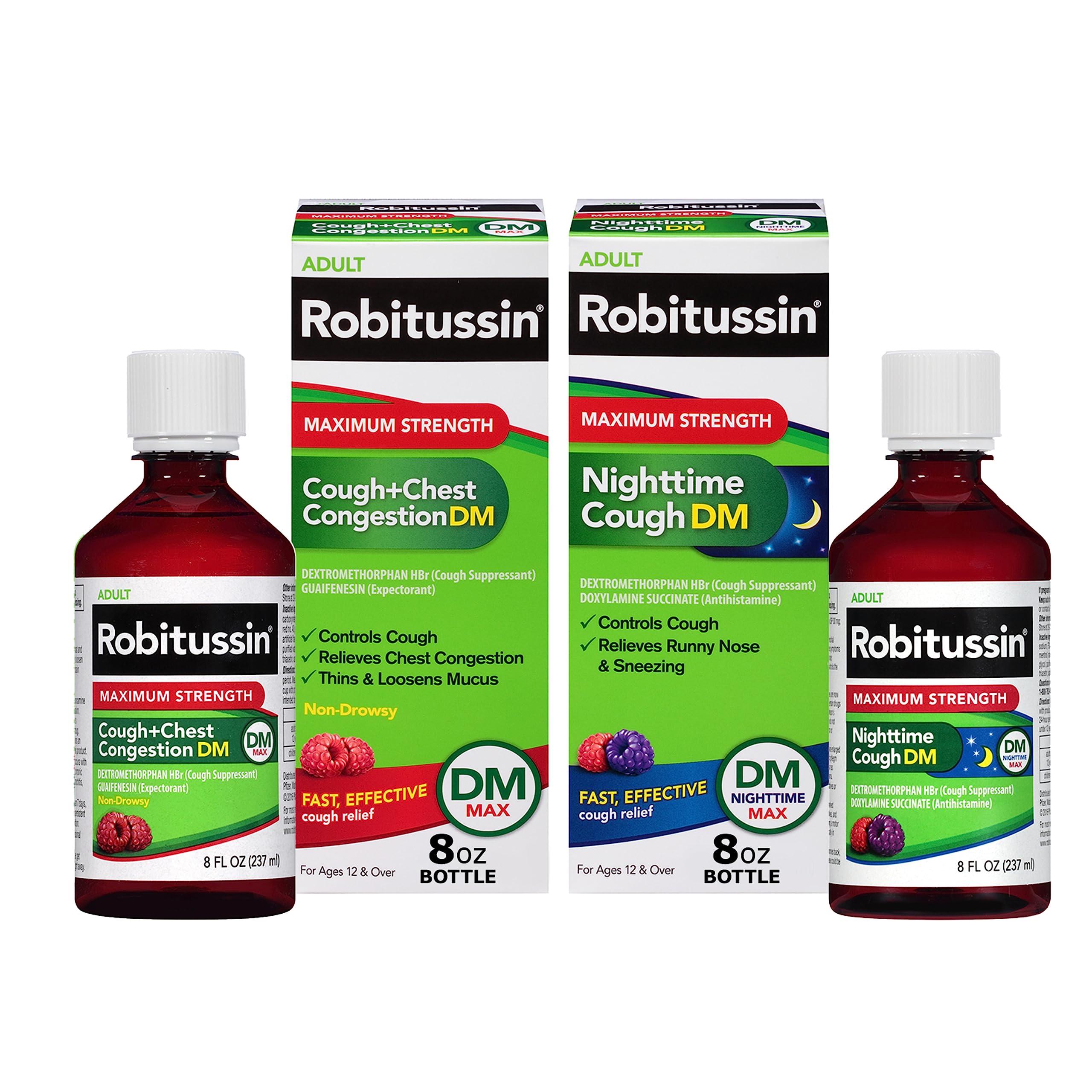 Robitussin DM Max Cough Plus Chest Congestion and Robitussin Maximum Strength Nighttime Cough DM, Adult Formulas - 2 x 8 Fl Oz B
