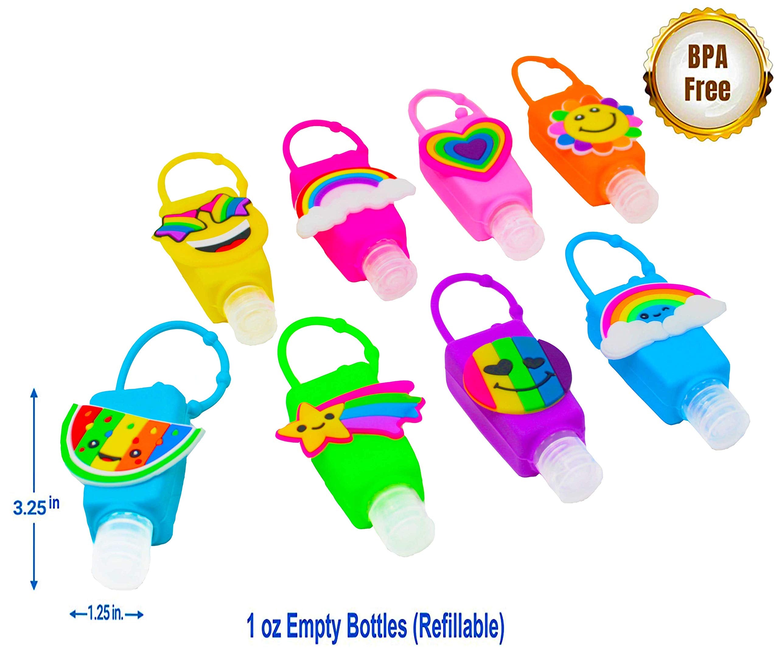 KINIA 8 Pack Empty RAINBOW Kids Hand Sanitizer Travel Size Holder Keychain Carriers, 8-1 fl Oz. Flip Cap Reusable Empty Portable