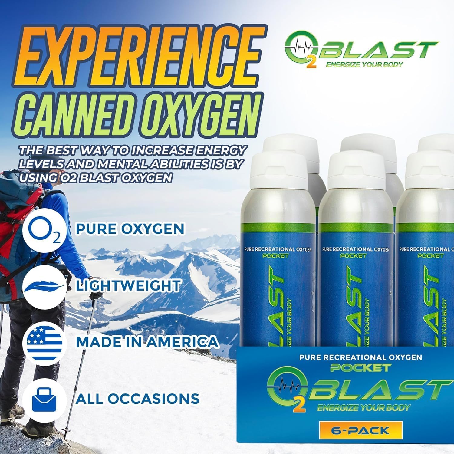 O2 Blast - Pure Oxygen Supplement, Quick Recovery for Exercise and Focus, Sanitary flip top Cap (4 Liter Oxygen Canisters - 6 Pa