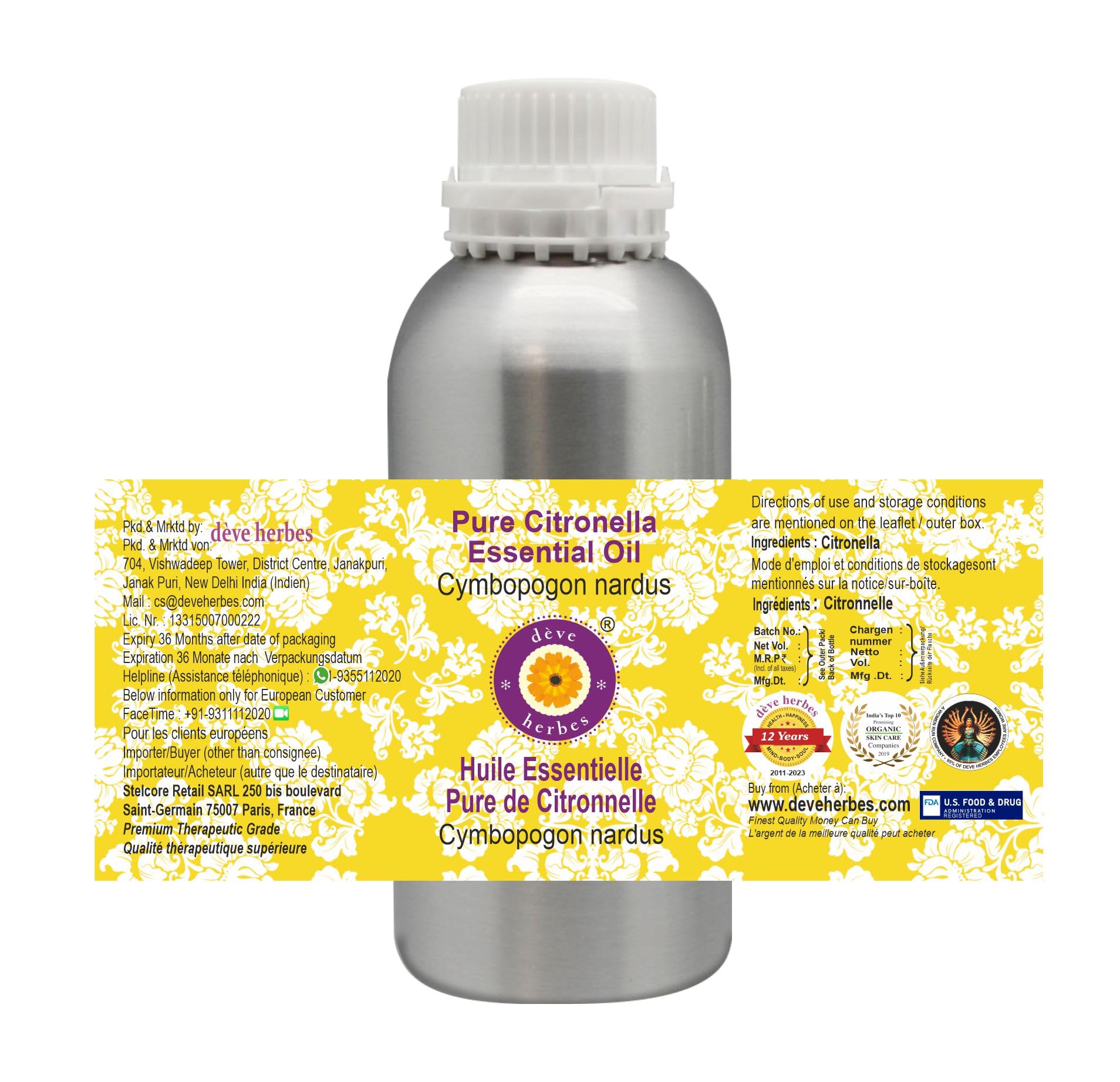 Deve Herbes Pure Citronella Essential Oil (Cymbopogon nardus) Steam Distilled 630ml (21 oz)