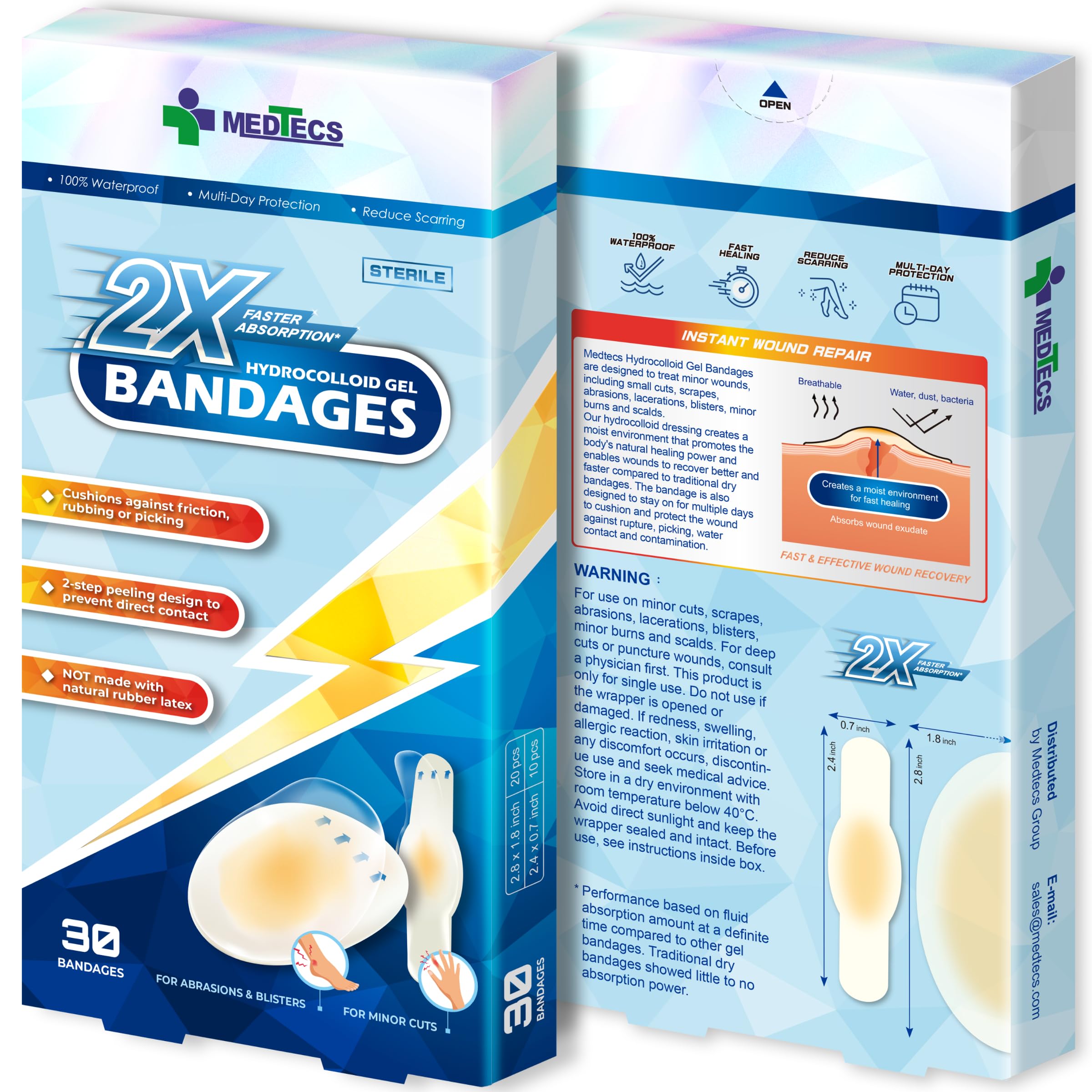 Medtecs Hydrocolloid Gel Bandage, Ellipse 20ct + Strip 10ct, Long-Lasting,Waterproof Adhesive for First Aid,Advanced Cushion for