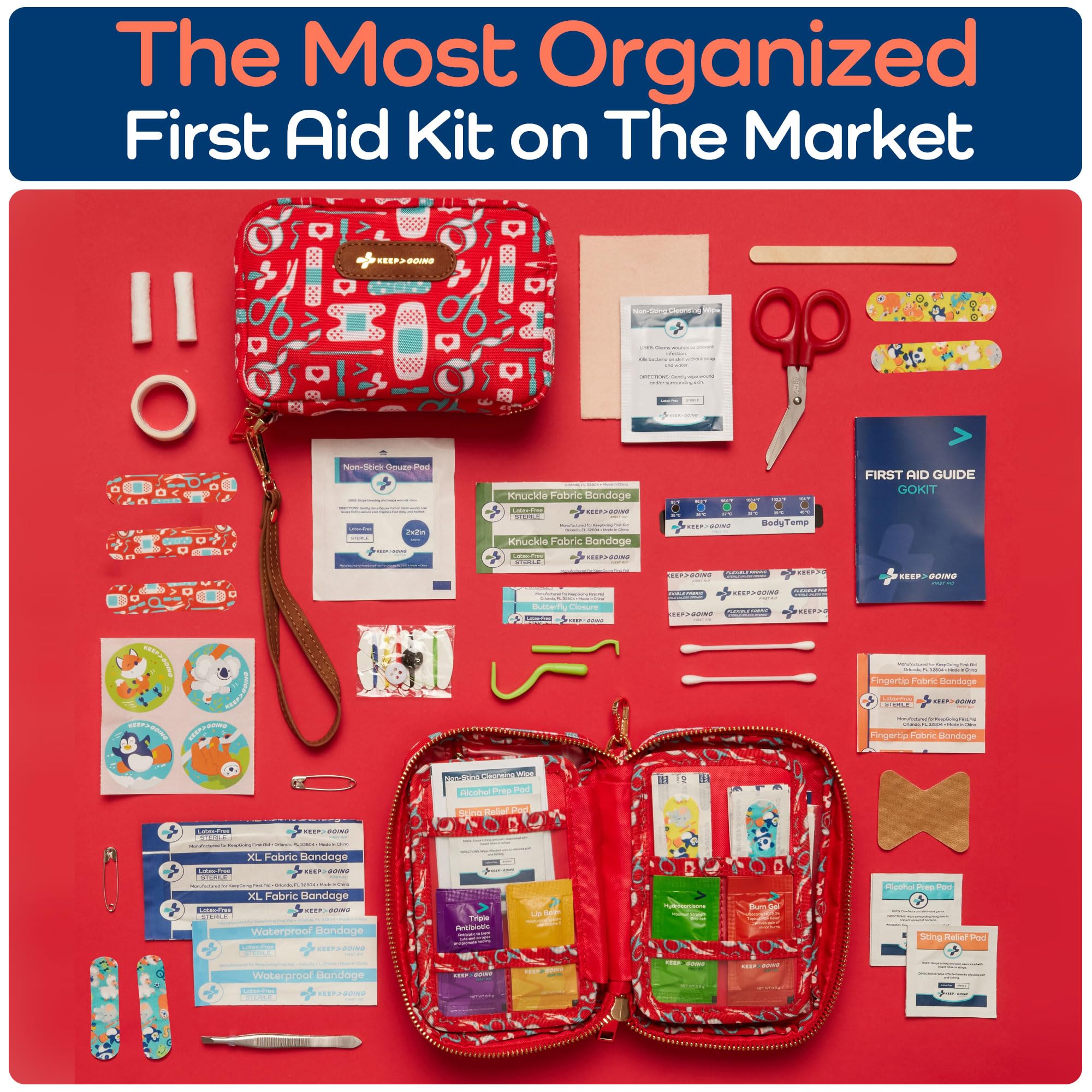 KeepGoing Travel First Aid Kit for Kids - 130 Pc. for Car, Home, Purse, Diaper Bag & Backpack with Latex-Free Bandages - Mini Fi