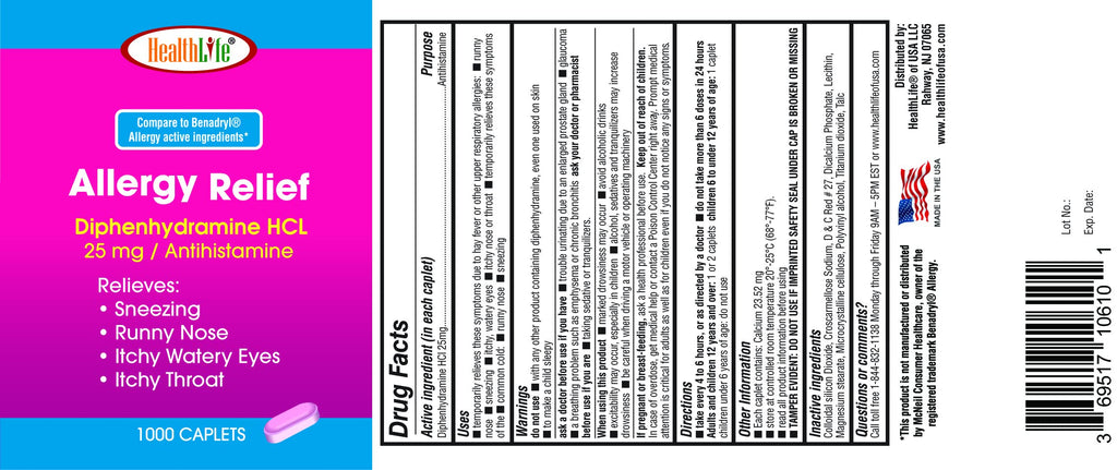 HEALTH LFE Allergy Relief, Medicine Diphenhydramine HCl Caplets, 25 mg | Children and Adults | Relieves Sneezing, Runny Nose, Ha