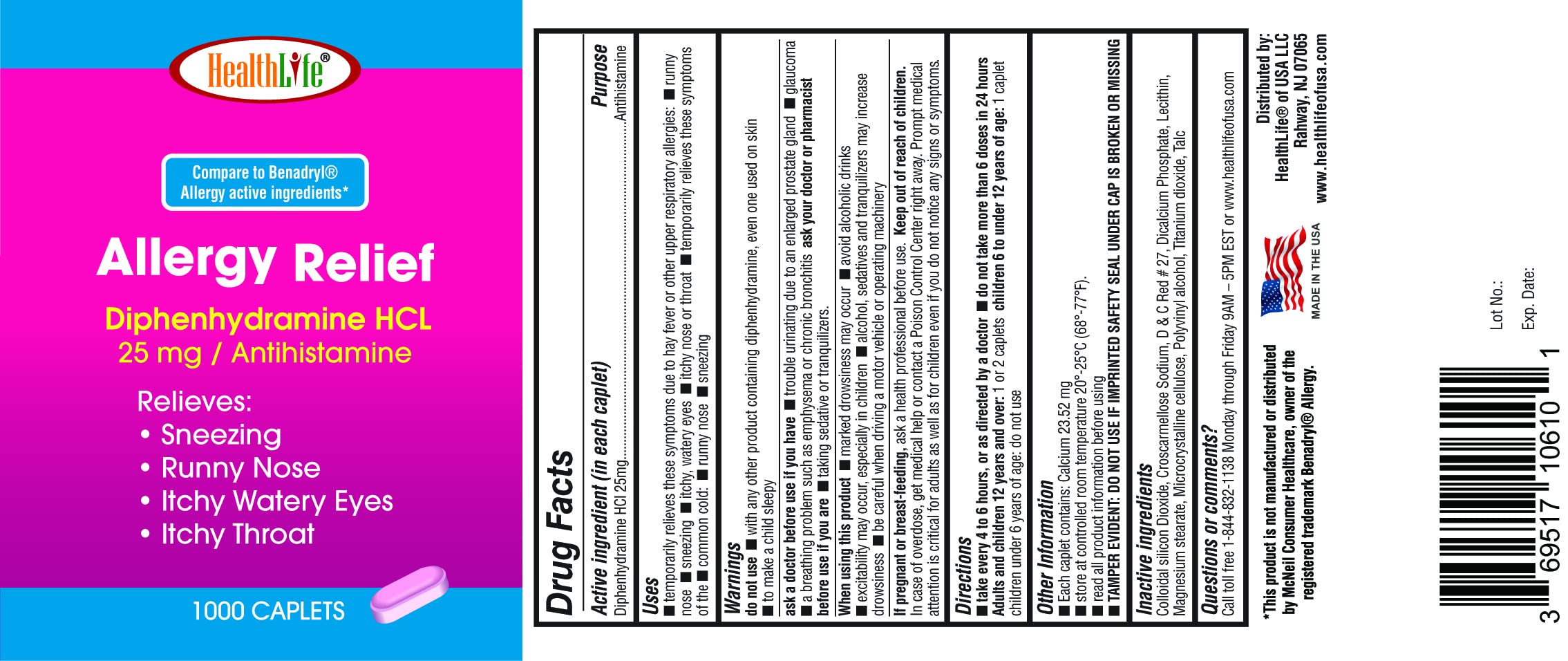 HEALTH LFE Allergy Relief, Medicine Diphenhydramine HCl Caplets, 25 mg | Children and Adults | Relieves Sneezing, Runny Nose, Ha