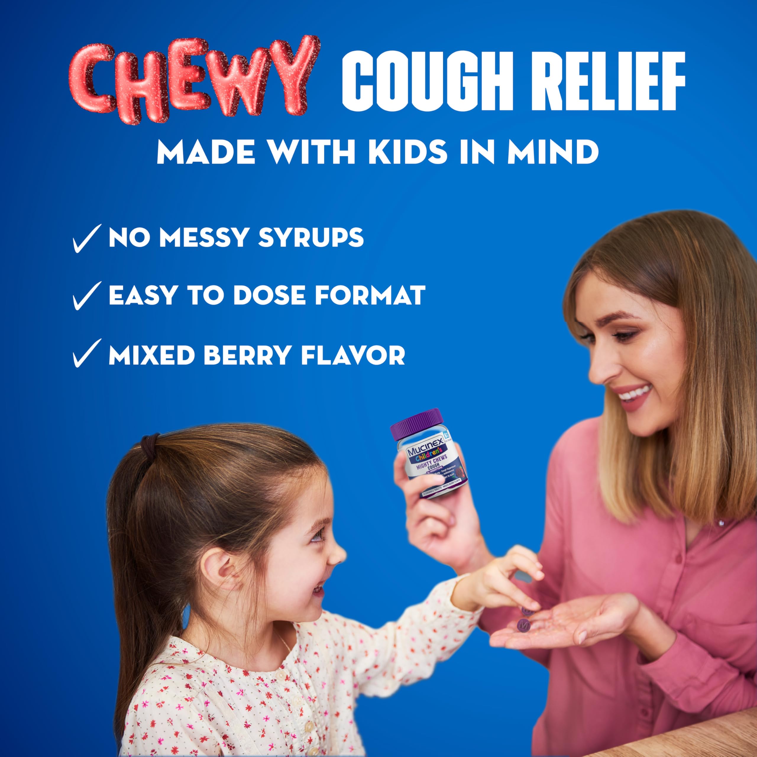 Mucinex Childrens Mighty Chews Nighttime Kids Cough Medicine, Easy to Dose Cough Suppressant with Dextromethorphan, Kids Travel