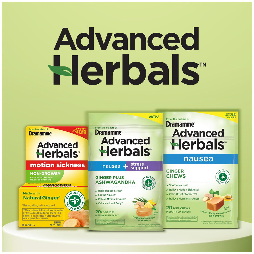 From the Makers of Dramamine, Advanced Herbals, Nausea and Stress Support with Ginger and Ashwagandha, Tropical Fruit and Ginger