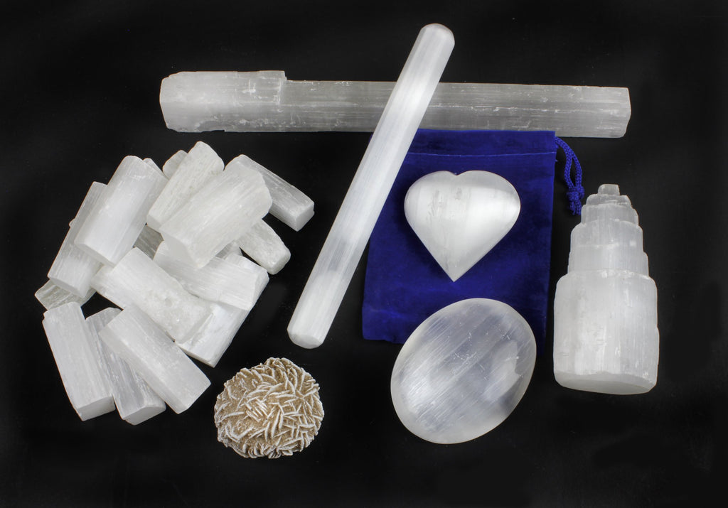 DANCING BEAR Selenite Protection Collection (22 pc Set): 12-15 Sticks (1.5-2   ), Palm Stone, Heart, Tower, 8 Stick, 5.5 Massage