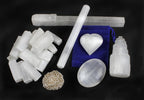 DANCING BEAR Selenite Protection Collection (22 pc Set): 12-15 Sticks (1.5-2   ), Palm Stone, Heart, Tower, 8 Stick, 5.5 Massage