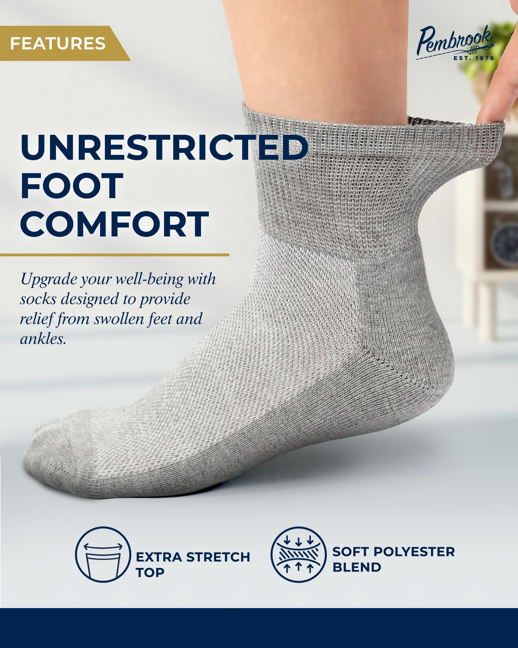 Pembrook Gray Ankle Diabetic Socks for Men & Women | 6 Pairs | Wide Stretch Top Mens Diabetic Socks | Diabetic Socks for Men 9-1