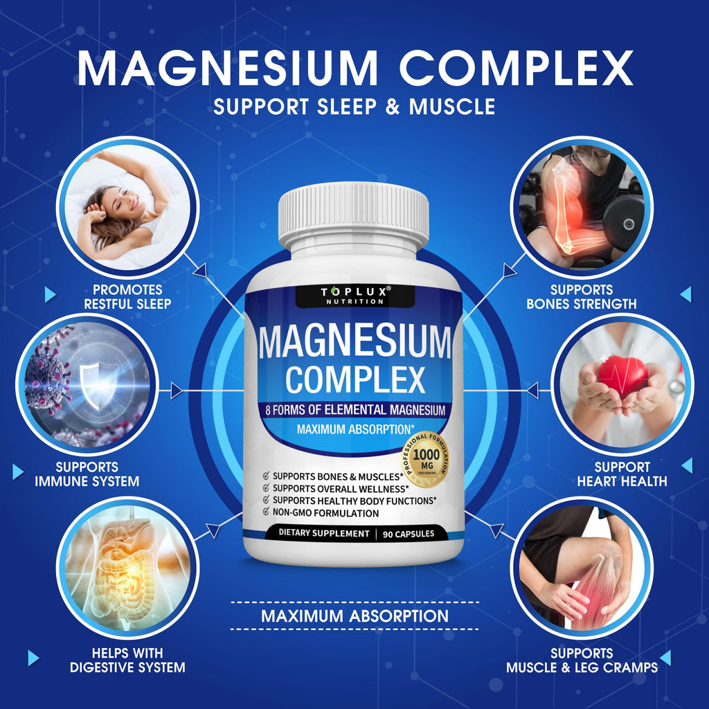 Magnesium Complex Supplement 8 Elemental 1000mg - Magnesium Glycinate, Citrate, Malate, Taurate, Chelated for Easy Absorption for Bones, Muscle, Recovery, Energy, Vegan Non-GMO 90 Capsules
