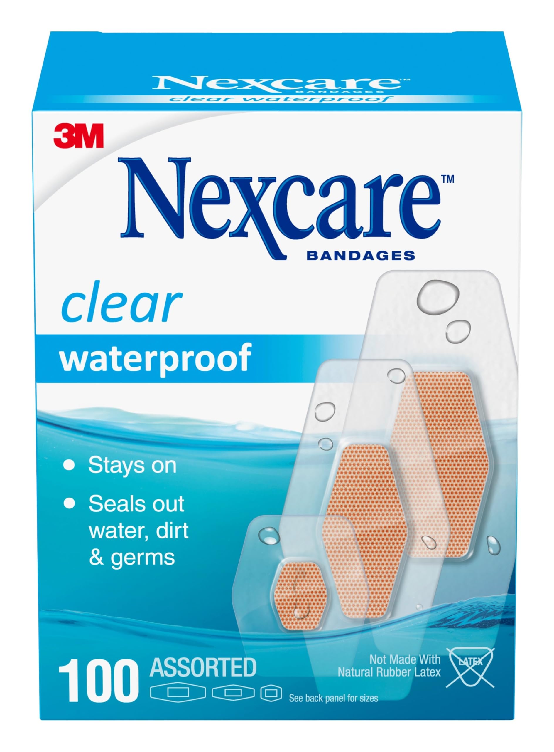 Nexcare Waterproof Bandages, Stays on in the Pool, Holds for 12 Hours, Clear Bandages for Fingers and Elbows - 100 Pack Waterpro