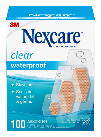 Nexcare Waterproof Bandages, Stays on in the Pool, Holds for 12 Hours, Clear Bandages for Fingers and Elbows - 100 Pack Waterpro