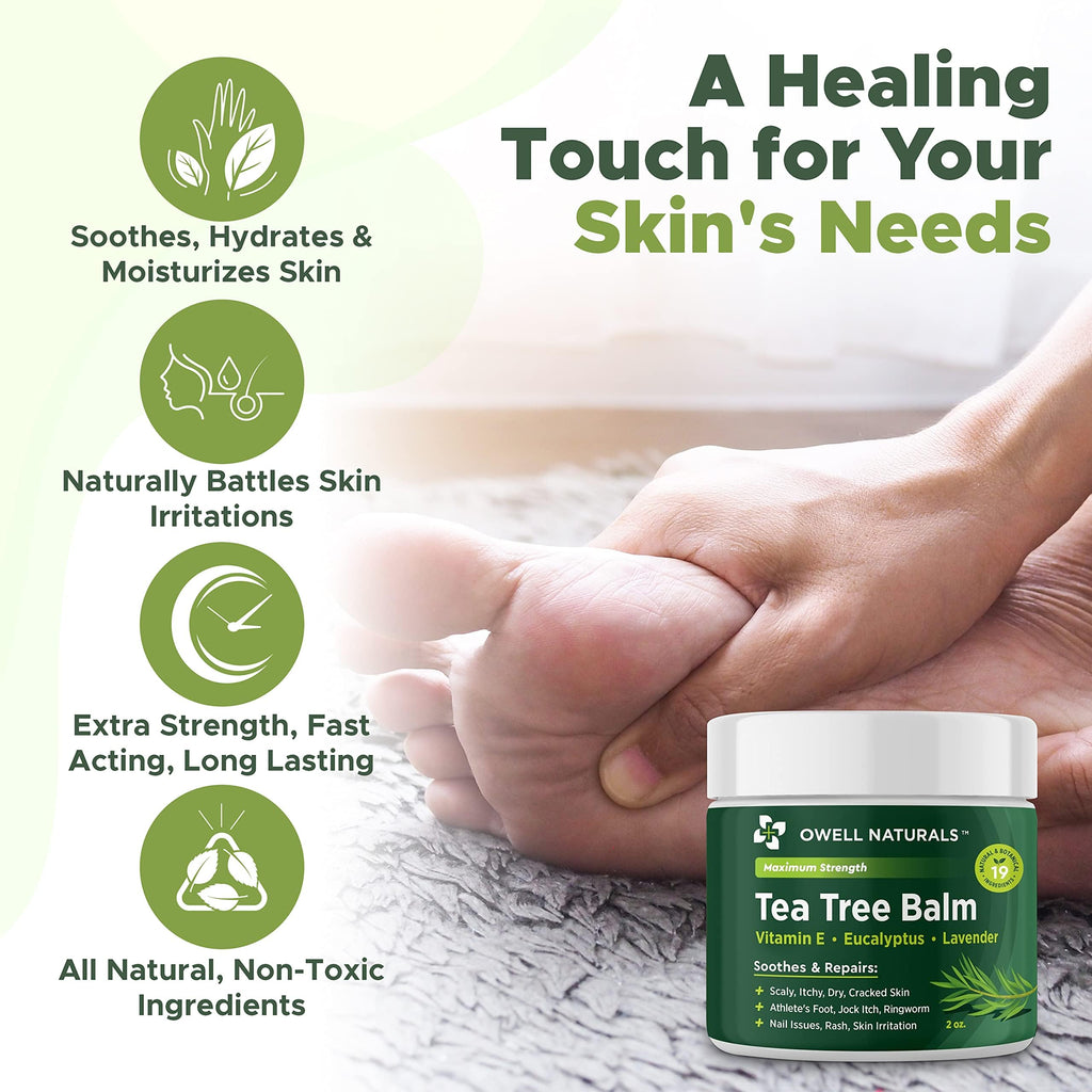 OWELL NATURALS Tea Tree Balm Oil with Vitamin E for Itchy, Dry, Flaky and Cracked Skin, Athletes Foot, Hands, Rashes, Bee Stings