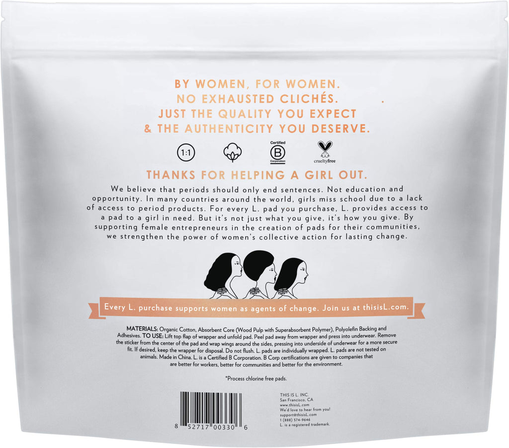 L. Chlorine Free Ultra Thin Pads Overnight Absorbency, Organic Cotton, Free of Chlorine Bleaching, Pesticides, Fragrances, or Dy
