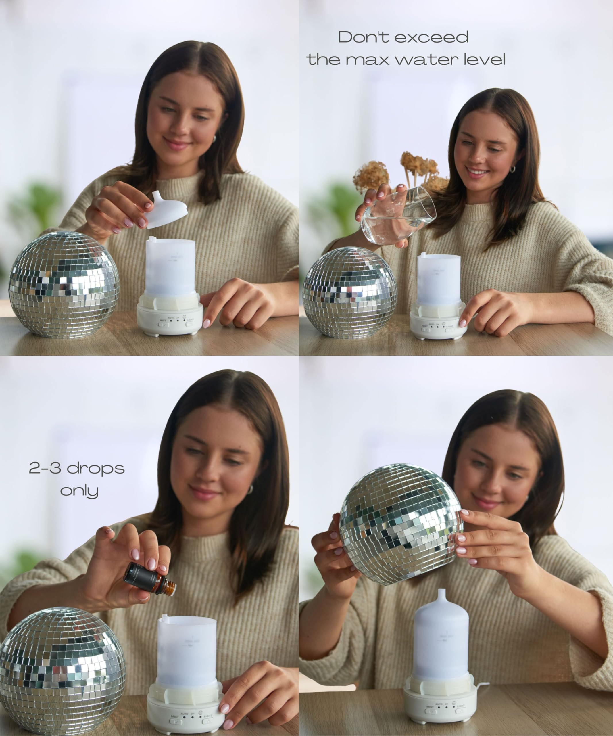 Mirror Ball Diffuser - Reflective Disco Ball Essential Oil Diffuser Spinning with 14 Color-Changing Night Lights | Misting Modes