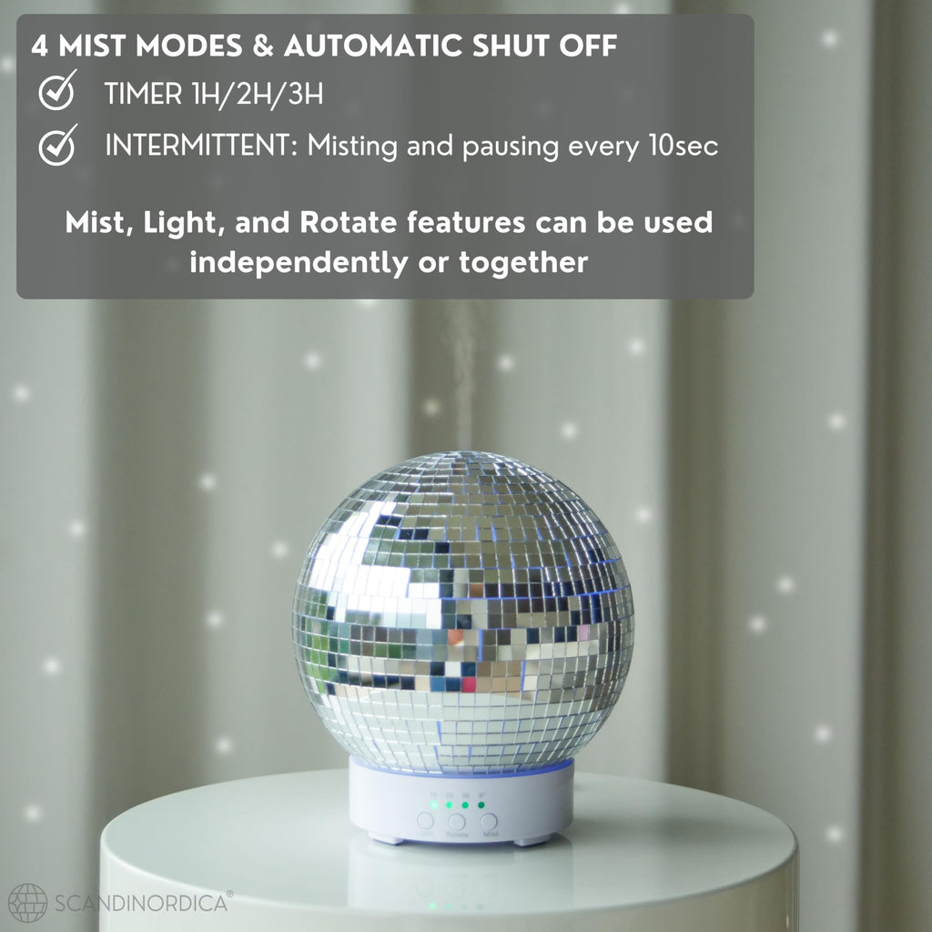 SCANDINORDICA Disco Ball Diffuser Rotating - 300ML Essential Oil Diffuser with Whisper Quiet Operation, 7 Color Night Light & 4