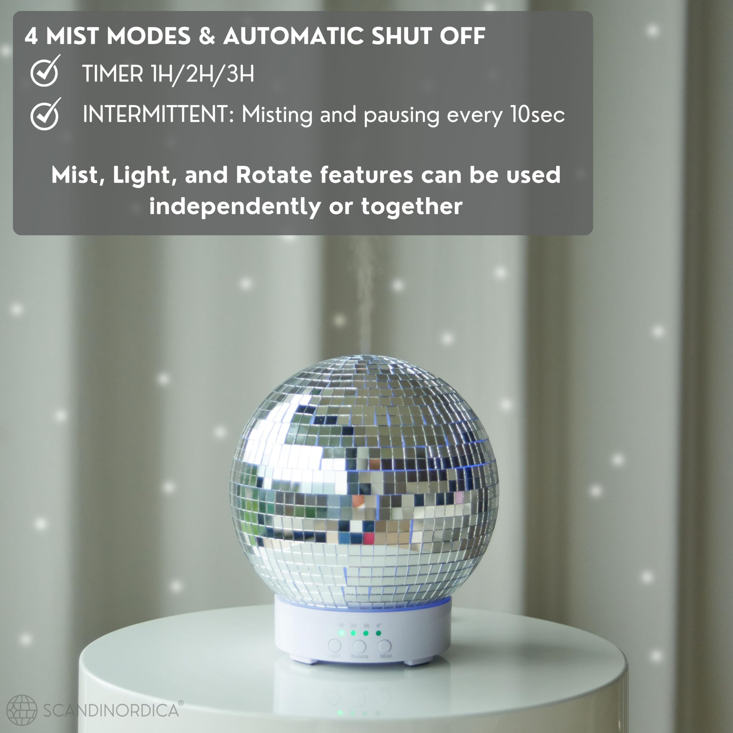 SCANDINORDICA Disco Ball Diffuser Rotating - 300ML Essential Oil Diffuser with Whisper Quiet Operation, 7 Color Night Light & 4
