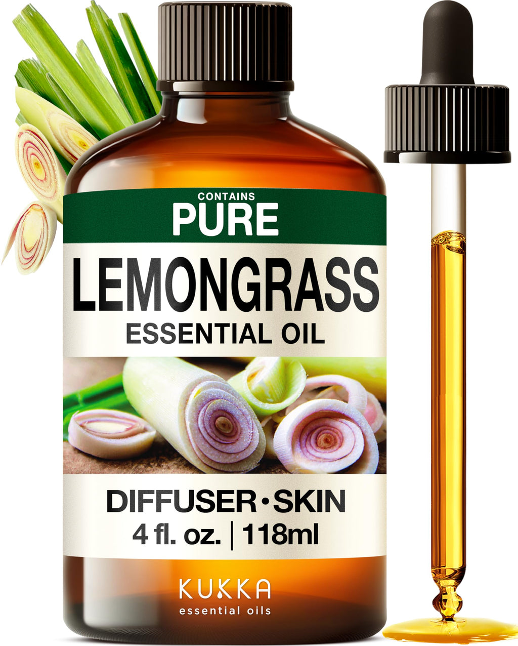 KUKKA Lemongrass Essential Oils - 4 Fl Oz - for Hair, Skin, Diffuser, Aromatherapy & DIY Soap Making Scent