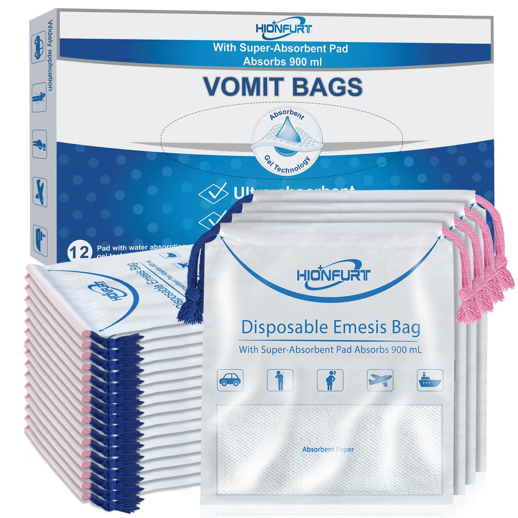 Hionfurt Absorbent Vomit Bag Disposable,12Pcs Emesis Bags-Turns Vomit into Gel,Leak Resistant Barf Bag,900ml Portable Nausea Bag