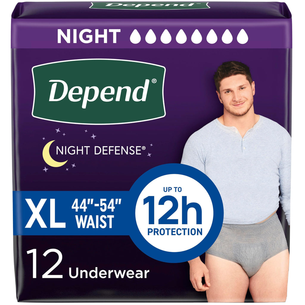 Depend Night Defense Adult Diapers, Incontinence Underwear for Men, Disposable, Overnight, Extra-Large, Grey, 12 Count, Packagin