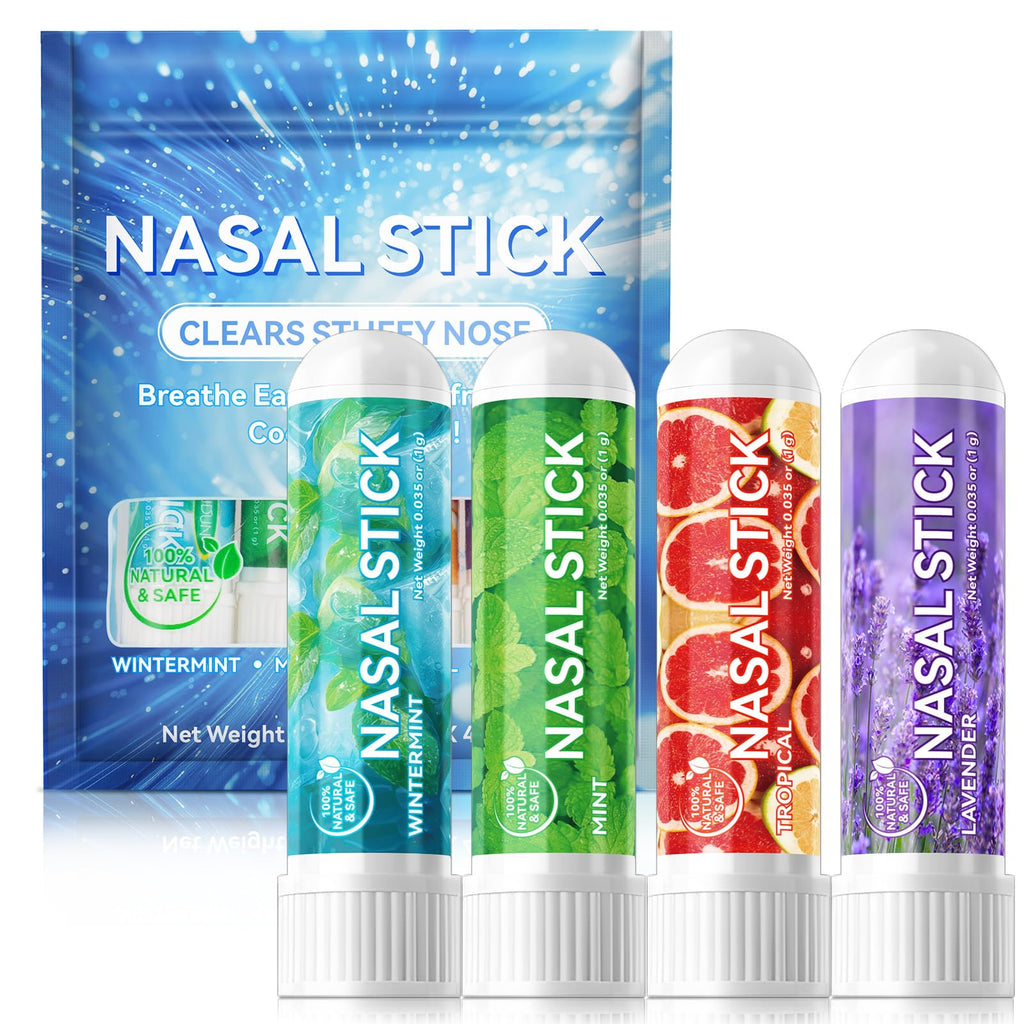 HUALIJIA Nasal Sticks (4 Pack), Nose Inhaler Stick with Essential Oils + Menthol (Mint, Wintermint, Tropical, Lavender) - Enhanc