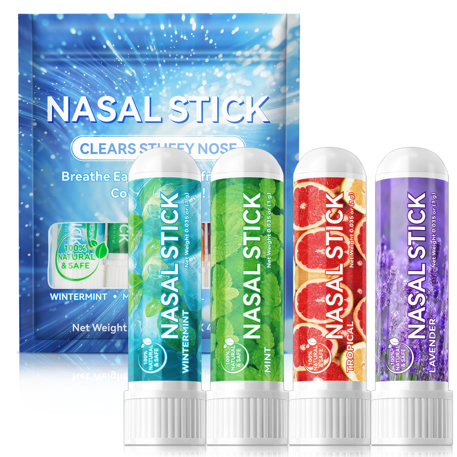 HUALIJIA Nasal Sticks (4 Pack), Nose Inhaler Stick with Essential Oils + Menthol (Mint, Wintermint, Tropical, Lavender) - Enhanc