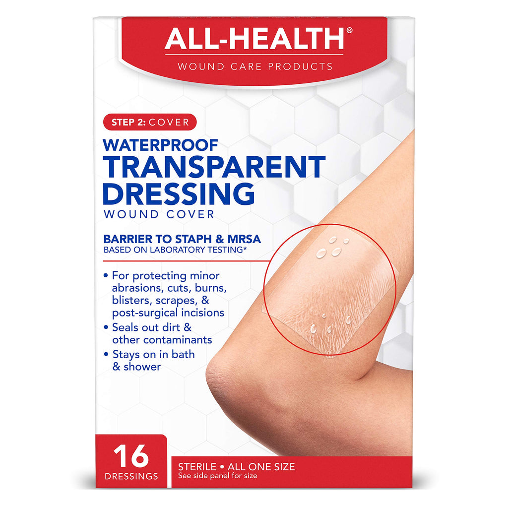 All Health Clear Waterproof Transparent Dressing Wound Cover, 2.36 in X 2.75 in, 16 Count