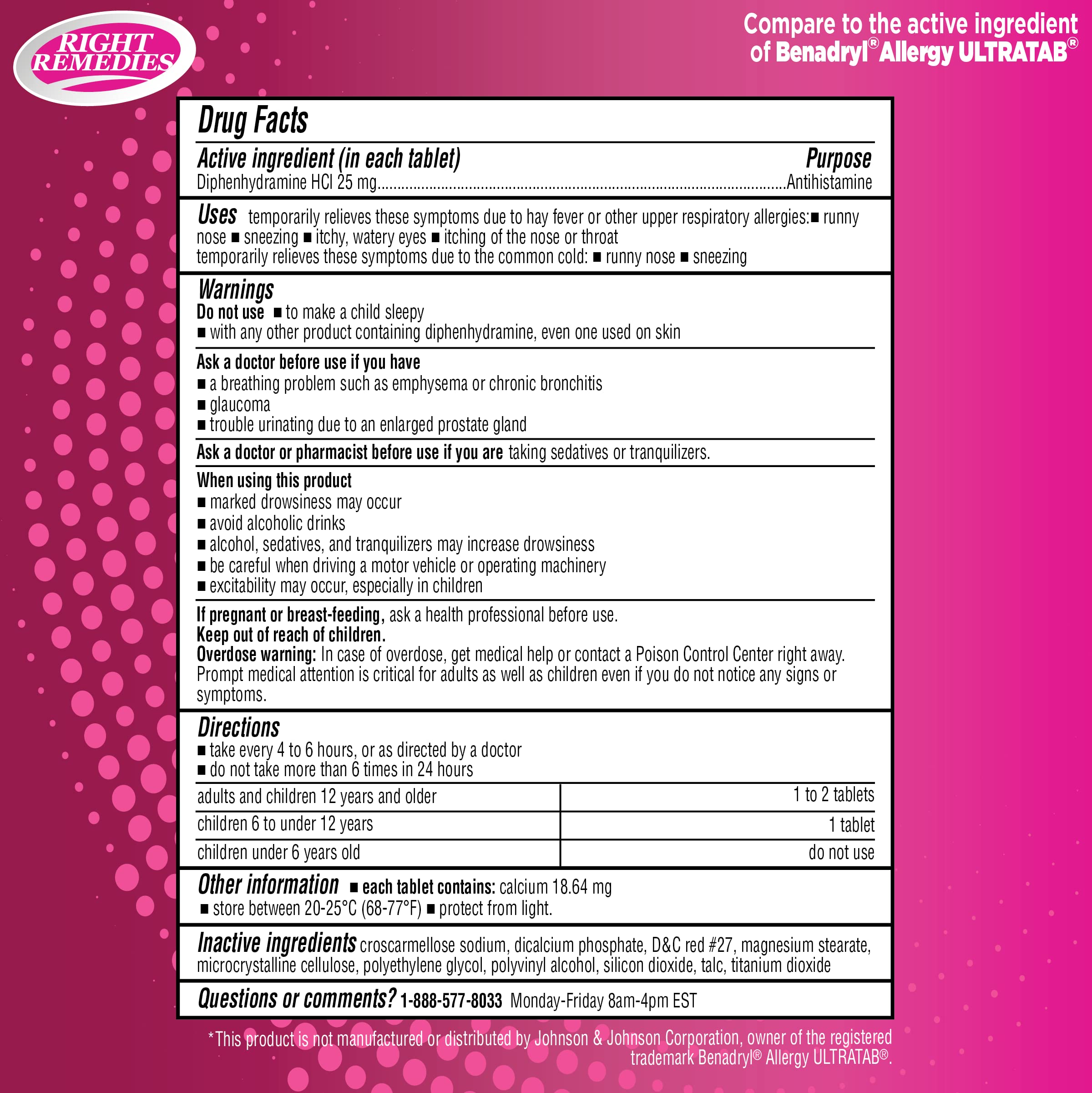 RIGHT REMEDIES Allergy Relief Antihistamine, Diphenhydramine HCl 25mg, Generic Benadryl Ultratabs, Relieves Seasonal Indoor or O