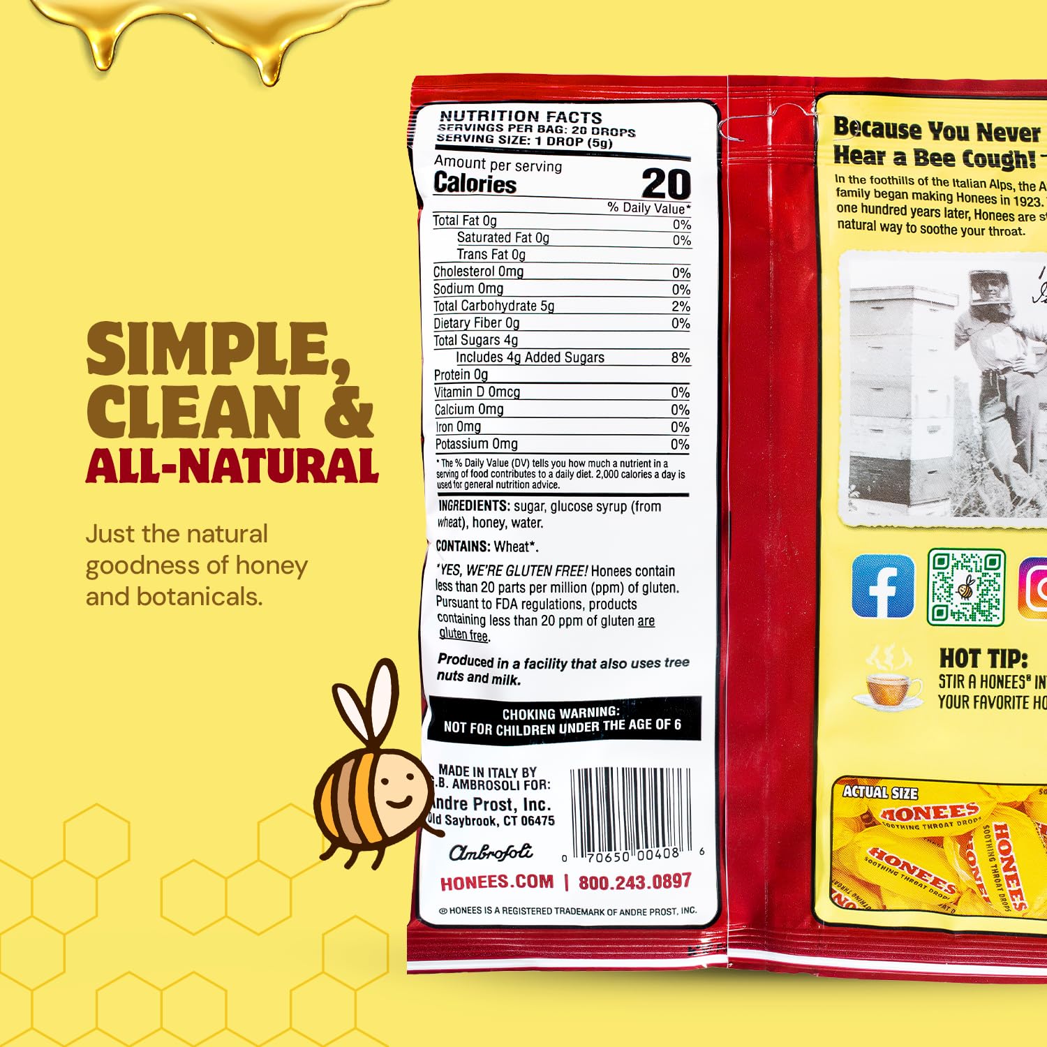 Honees Honey Filled Drops, Cough Drops with Real Honey-Natural Sore Throat Relief-Nothing Artificial-Throat Coat Lozenges, Natur