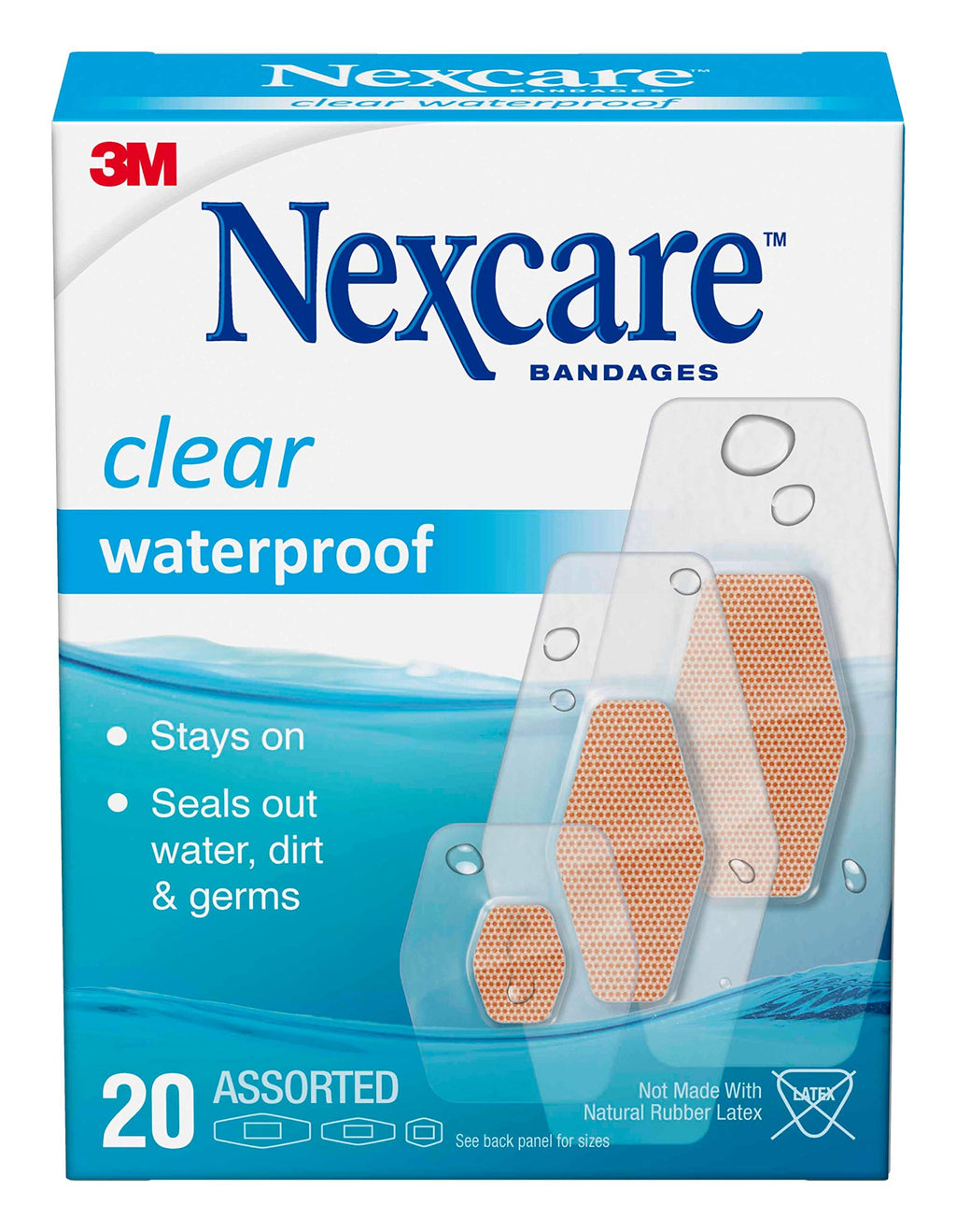 Nexcare Waterproof Bandages, Stays on in the Pool, Holds for 12 Hours, Clear Bandages for Fingers and Elbows - 20 Pack Waterproo